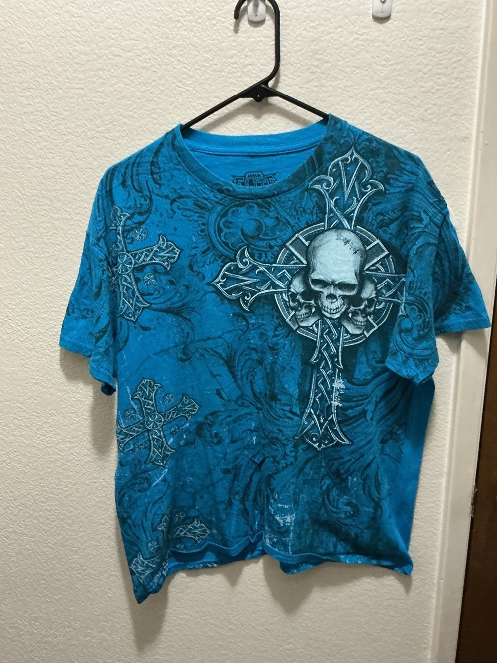Vintage MMA Elite T Shirt Large Turquoise Teal Skull Gothic Cross AOP Y2K Style